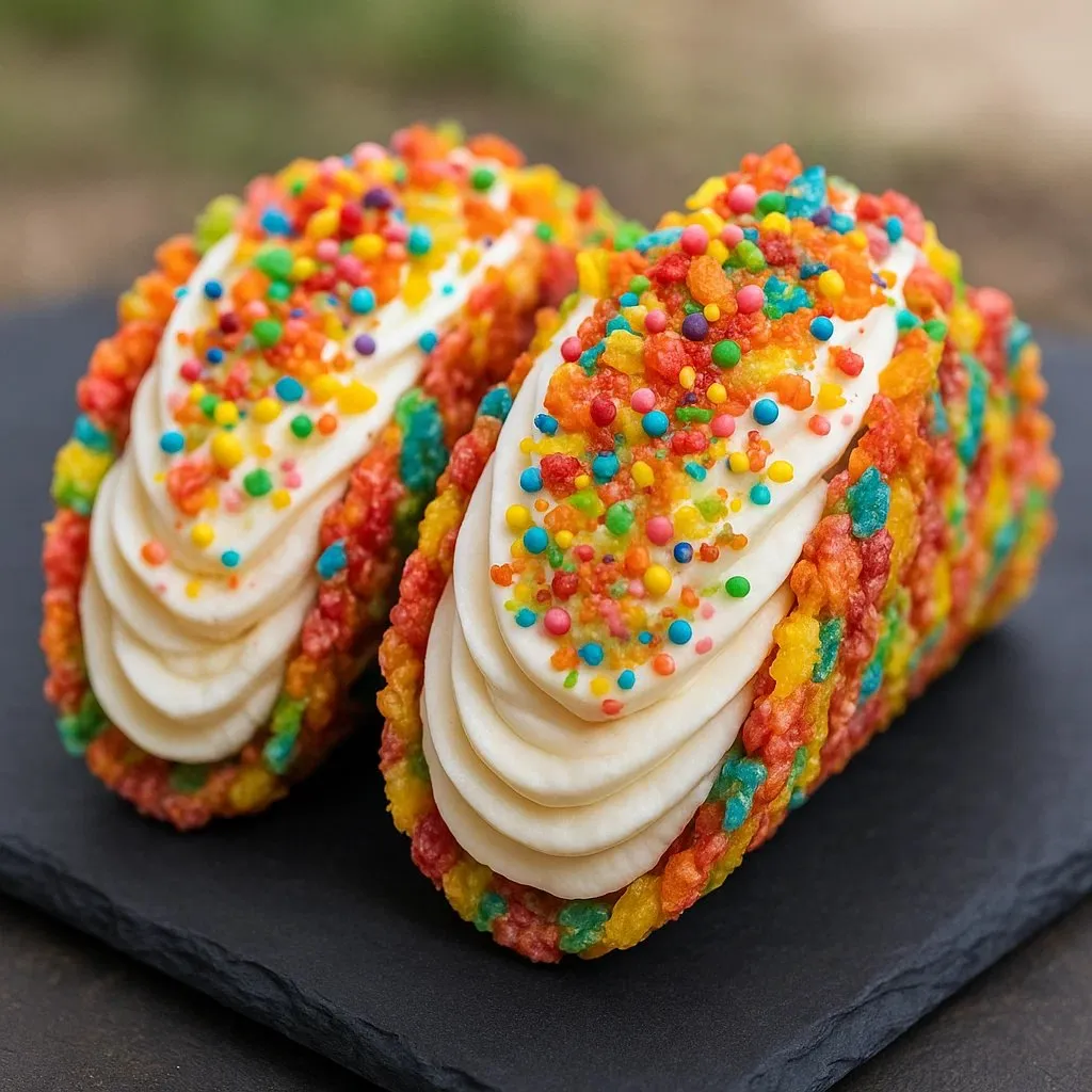 Two rainbow cereal treats sitting on a black plate.