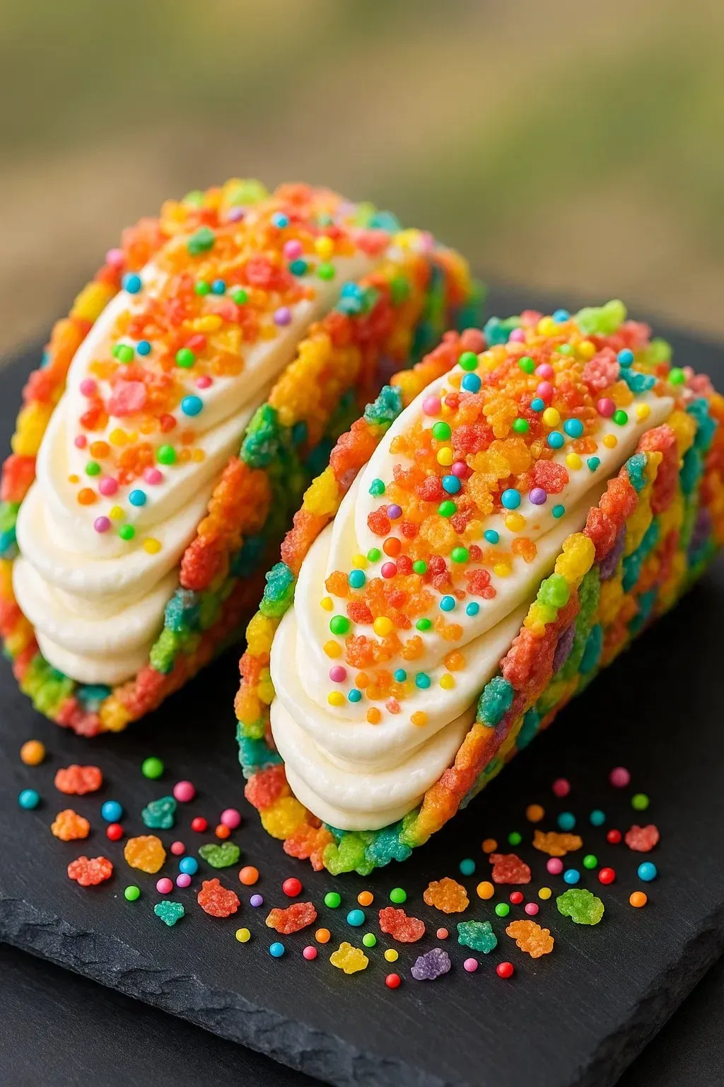 Two bold rainbow cake pops covered in white icing.