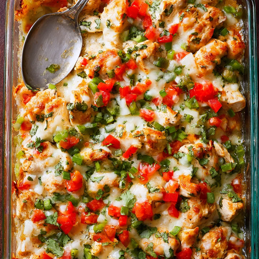 Chicken and veggies baked together in a dish.
