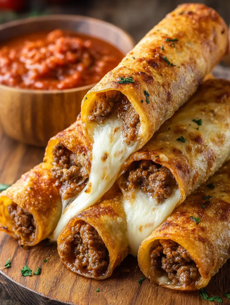 Cheesy burritos topped with sauce on a sheet.