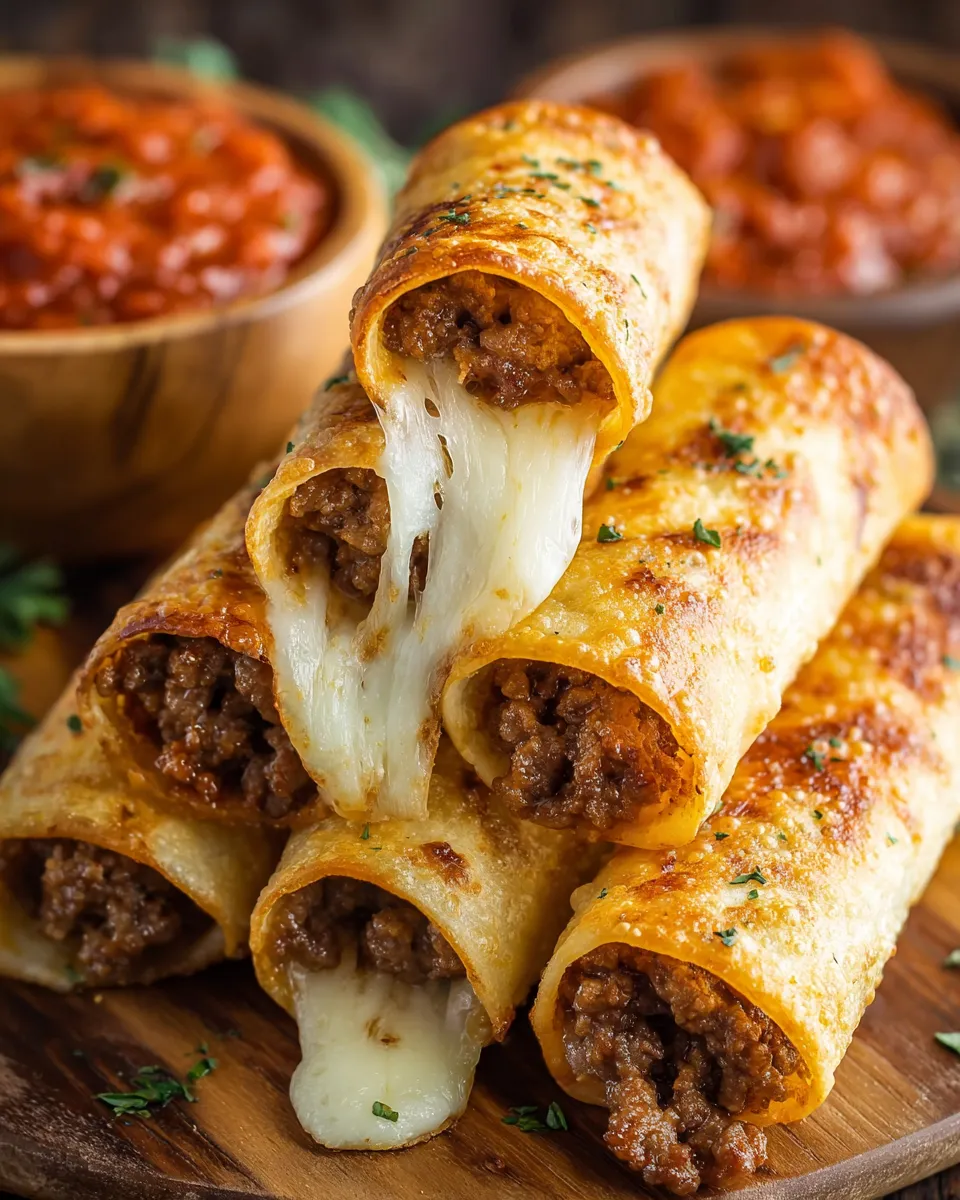 Stacked cheesy burritos on a plate.