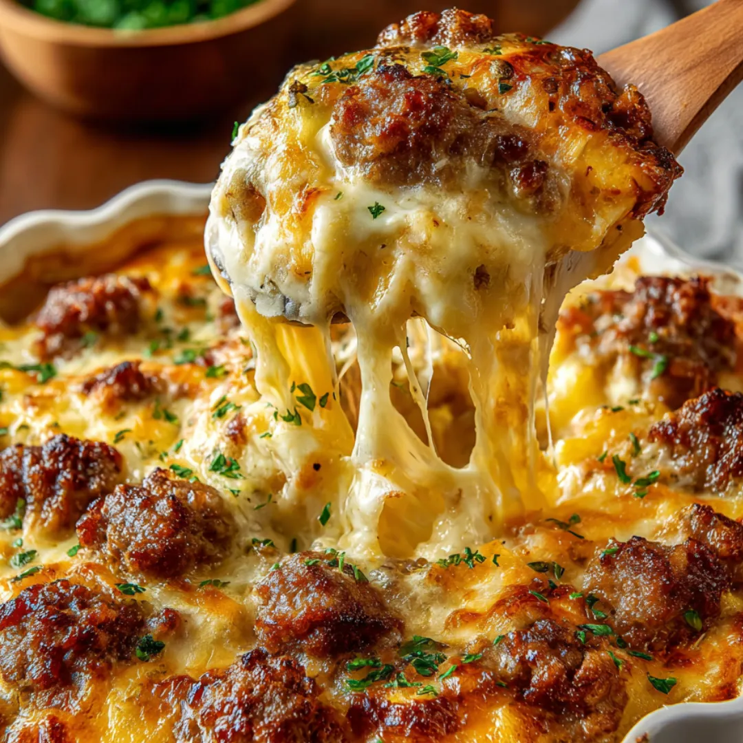 A fork digging into a gooey, cheesy breakfast bake.