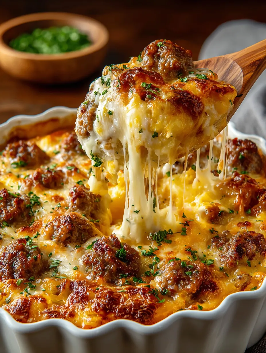 A wooden spoon scooping up oozy cheesy casserole from the dish.