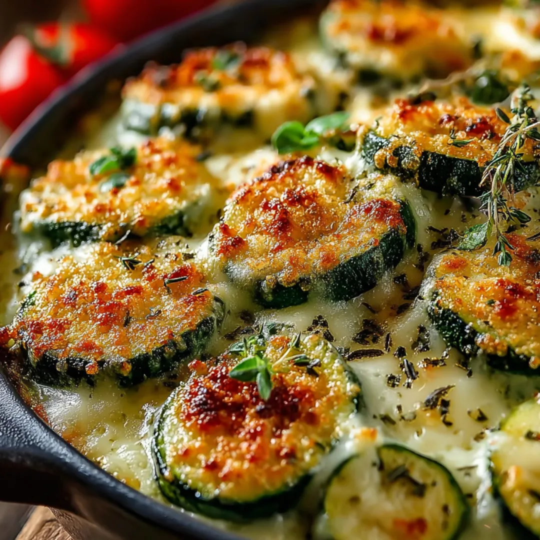 A cheesy zucchini dish served in a pan.