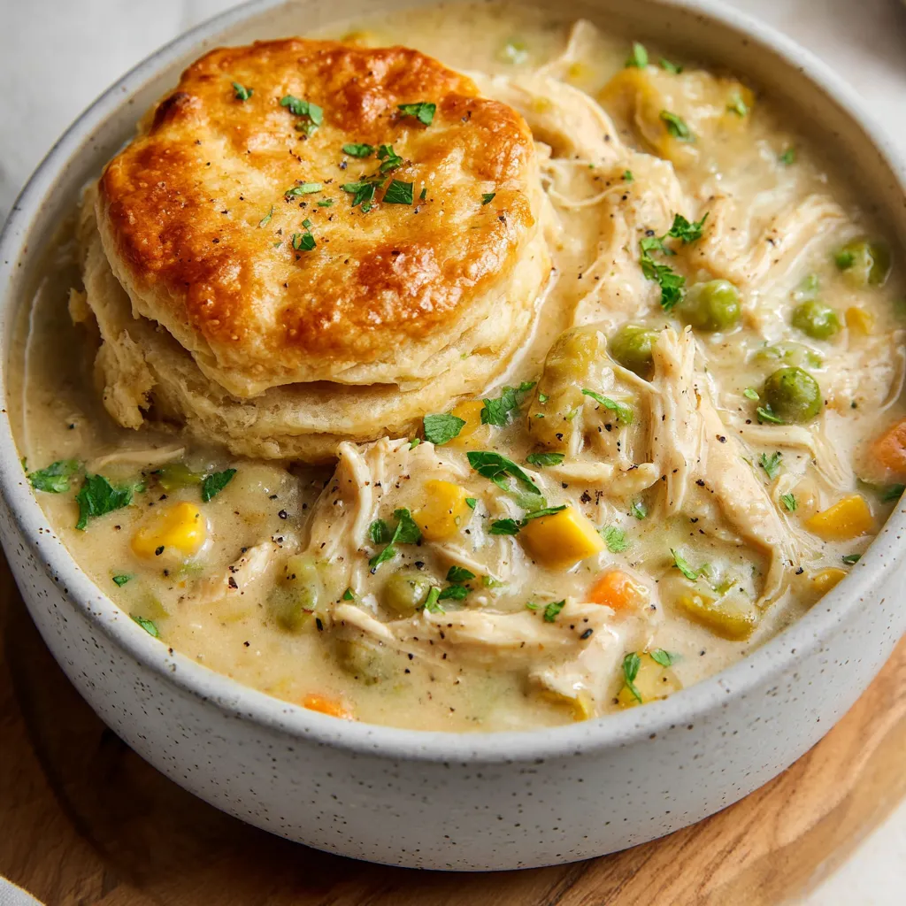Bowl full of creamy chicken filling topped with a biscuit.