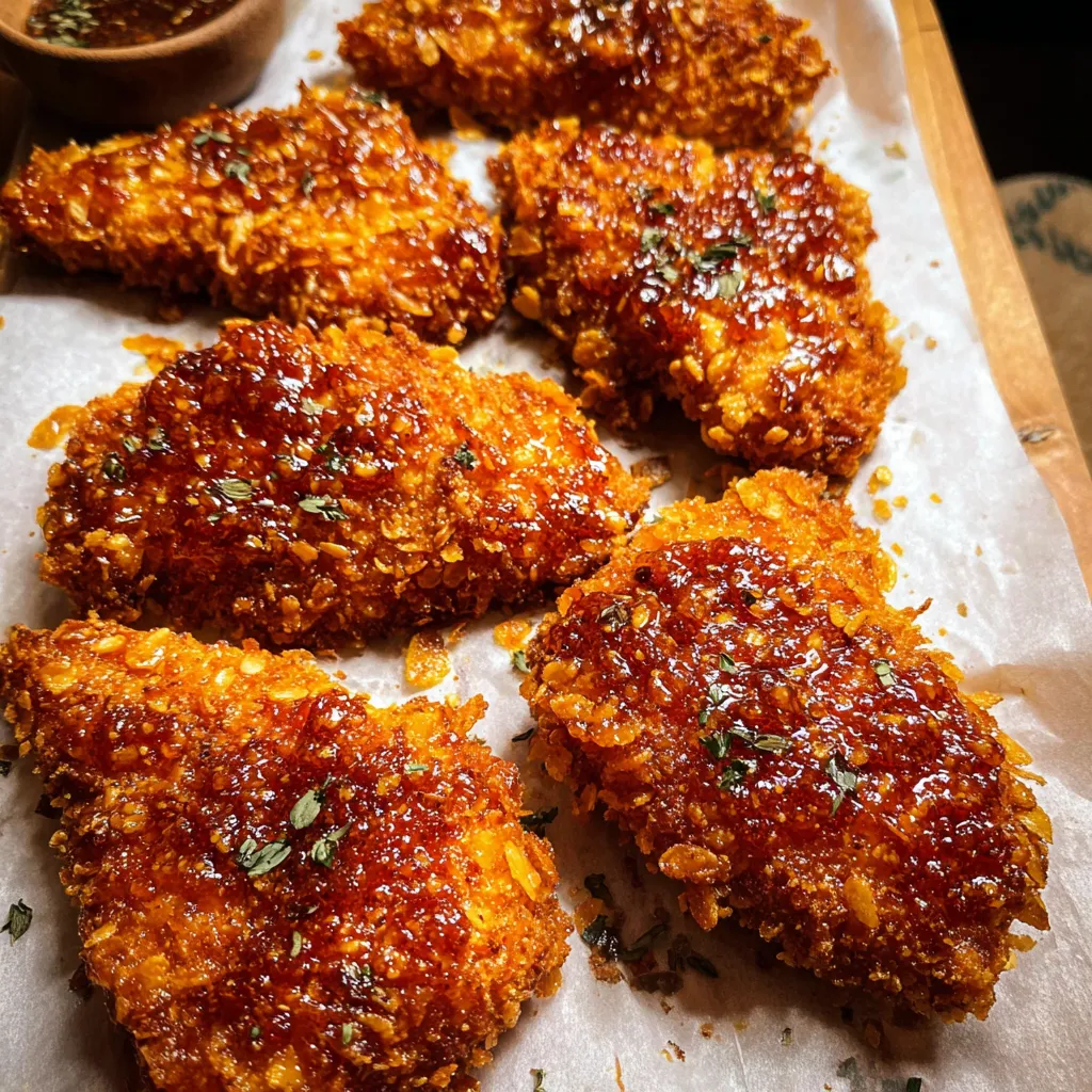Breaded chicken pieces on a plate with a drizzle of spicy sauce.