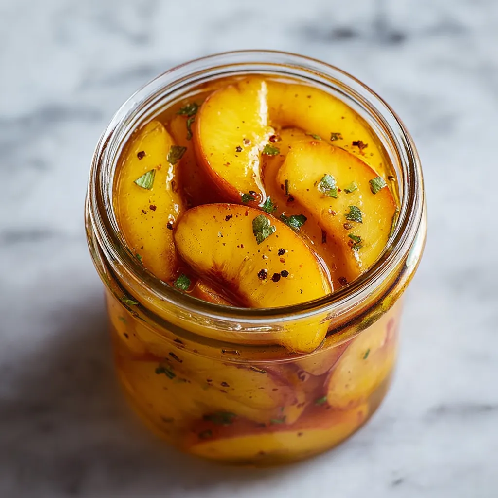 Peaches and spices packed together in a glass jar.
