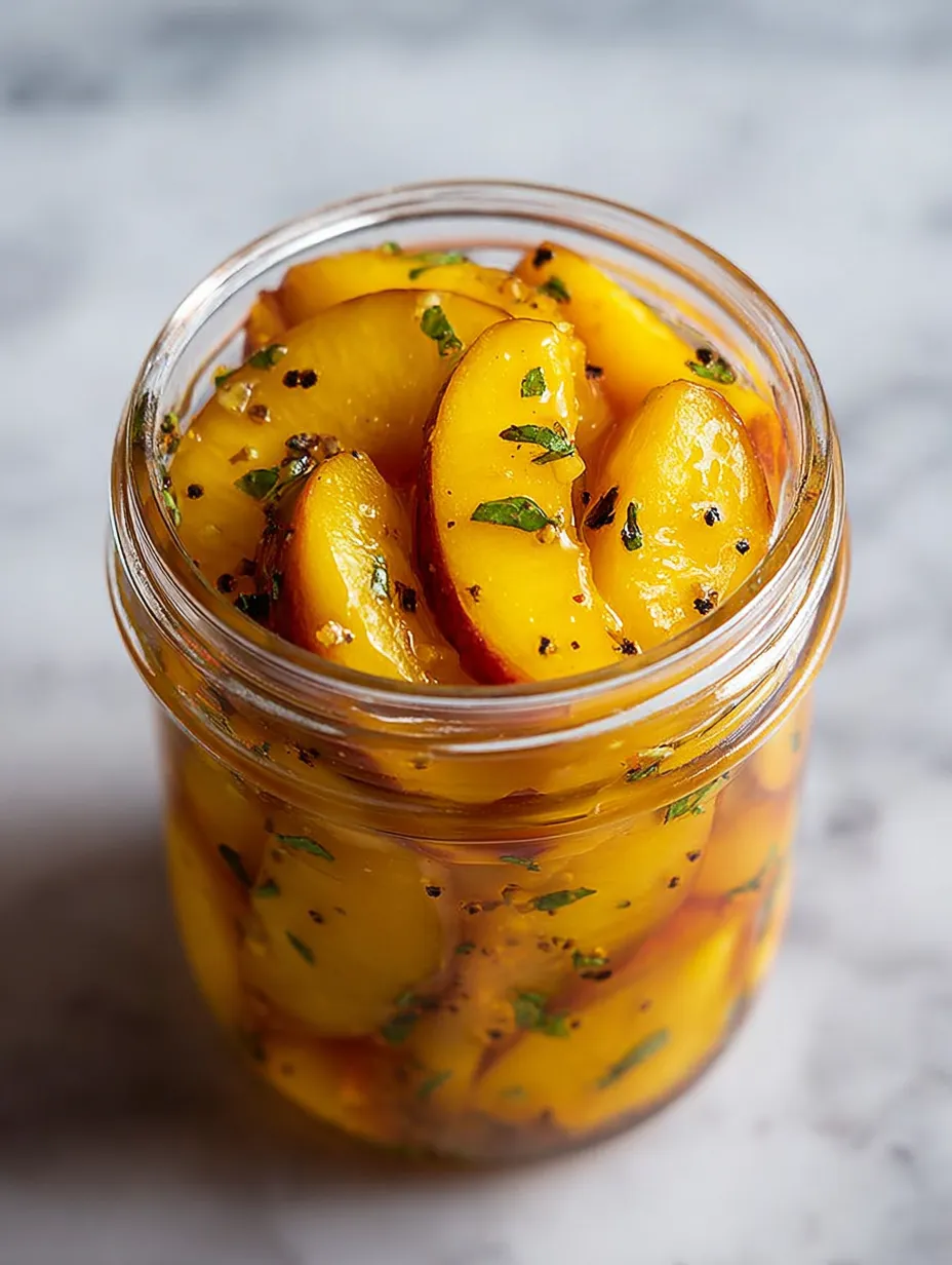 A jar of peaches hanging out in syrup with spices.