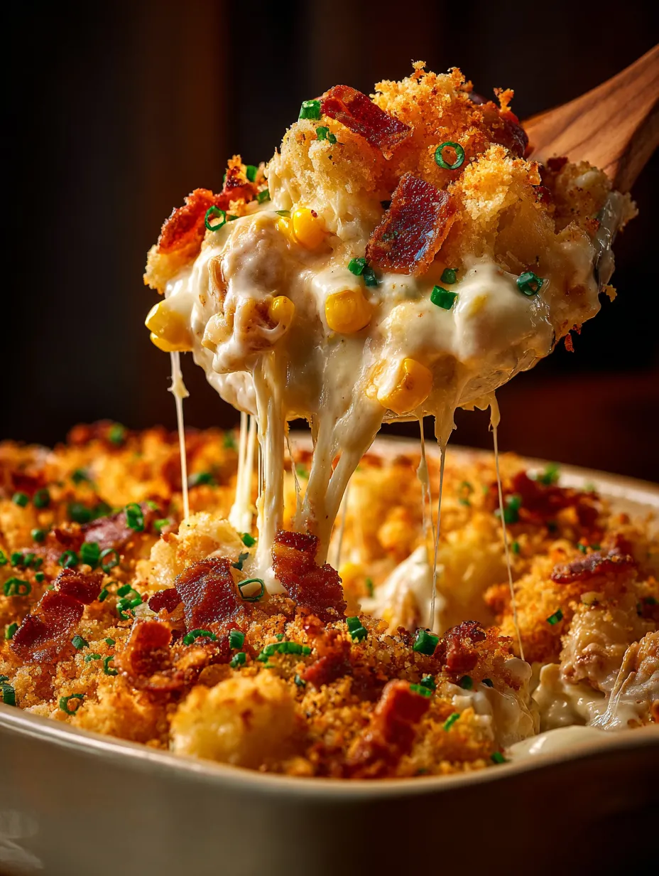 Close up on gooey cheesy casserole with bacon sprinkled on top.