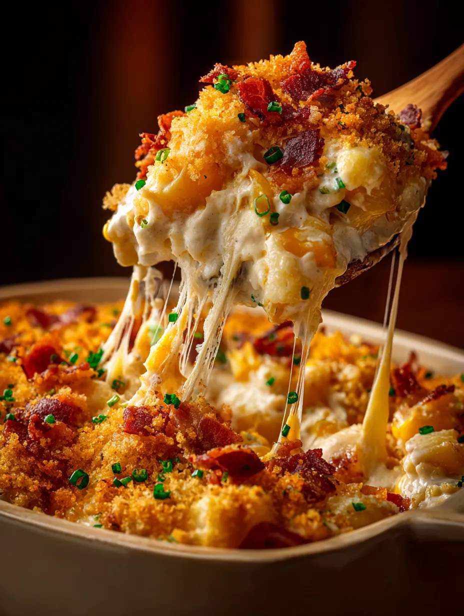 Cheesy casserole up close in the dish, ready to serve.