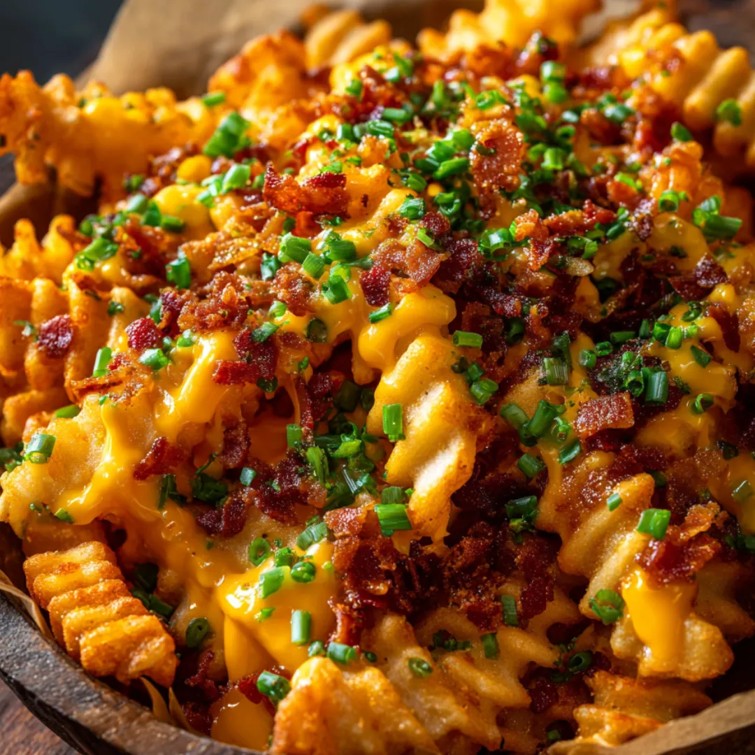 A mouthwatering pile of fries smothered with bacon and cheese.