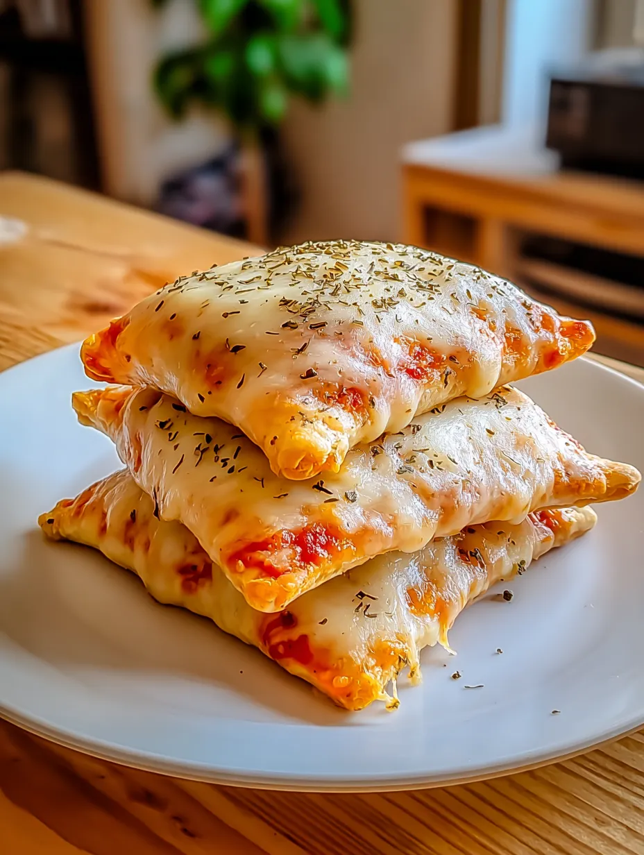 Piled pizza pockets studded with herbs and gooey cheese on a clean plate.