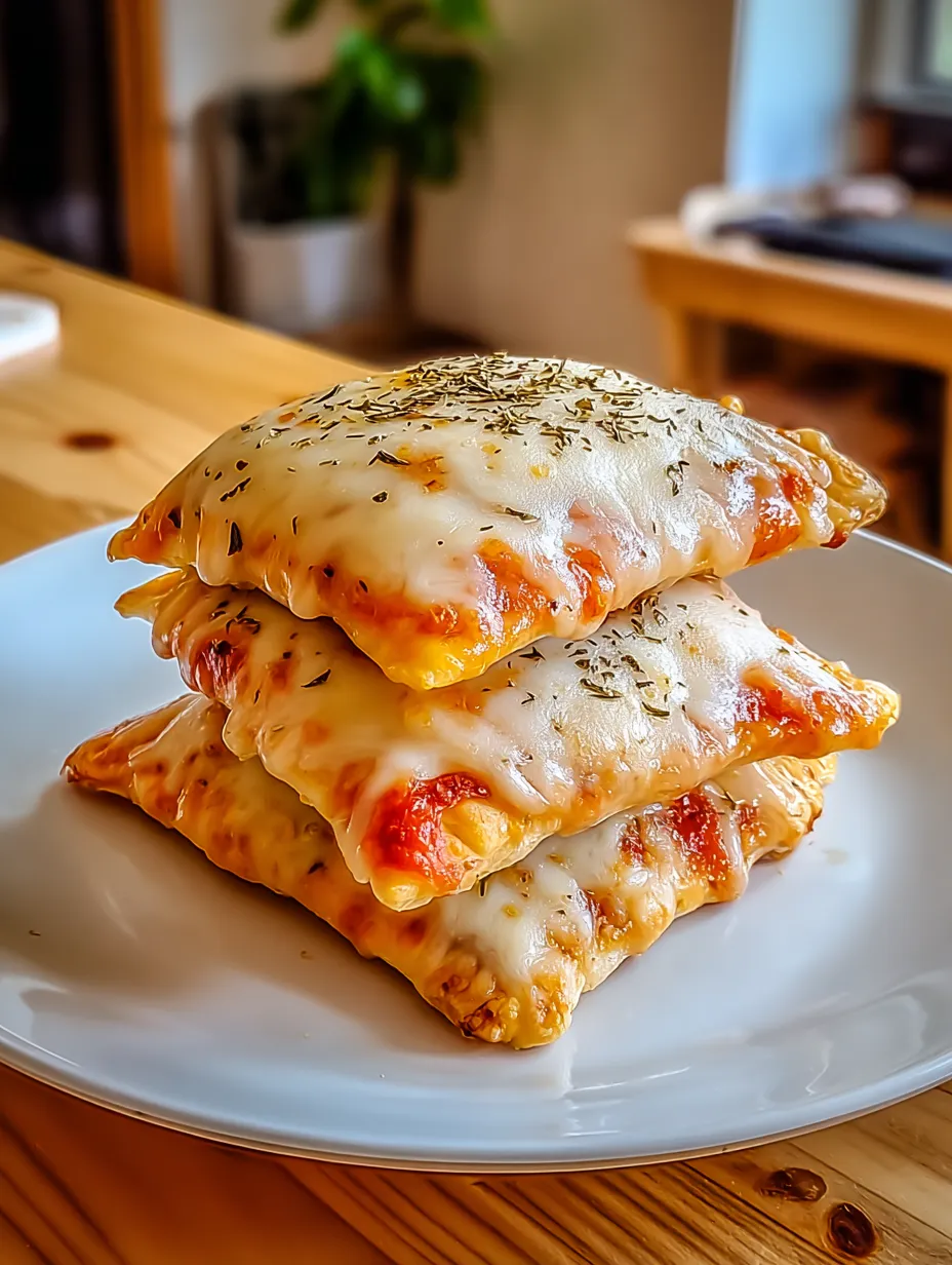 Pizza pockets stacked high, golden brown with melted cheese and herbs peeking out.