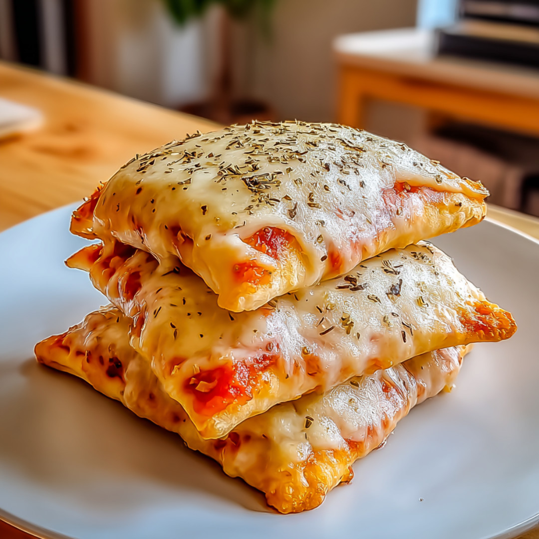 Stacks of cheese-filled pizza pockets covered in herbs.