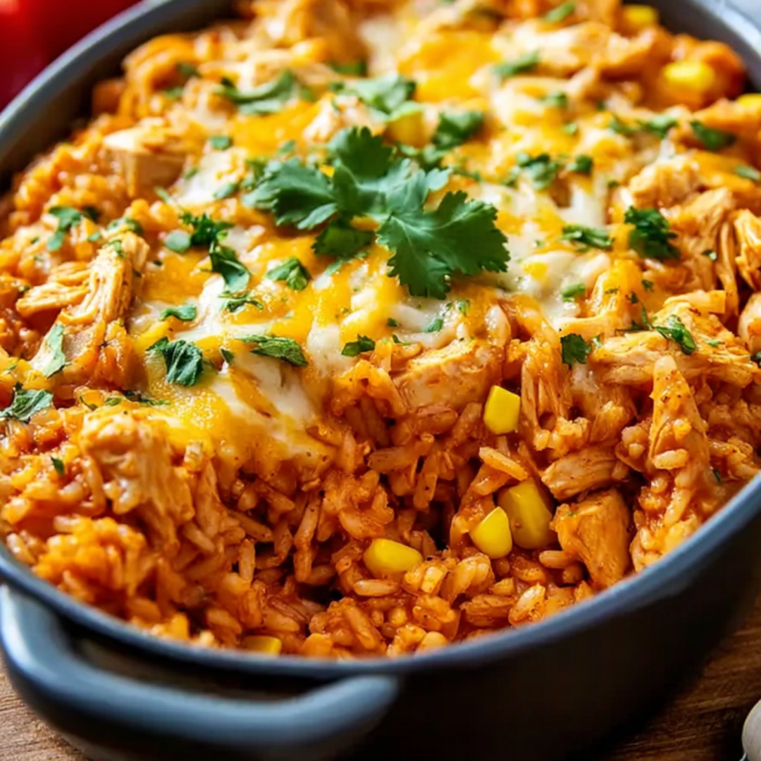 Rice and chicken loaded with veggies in a bowl.