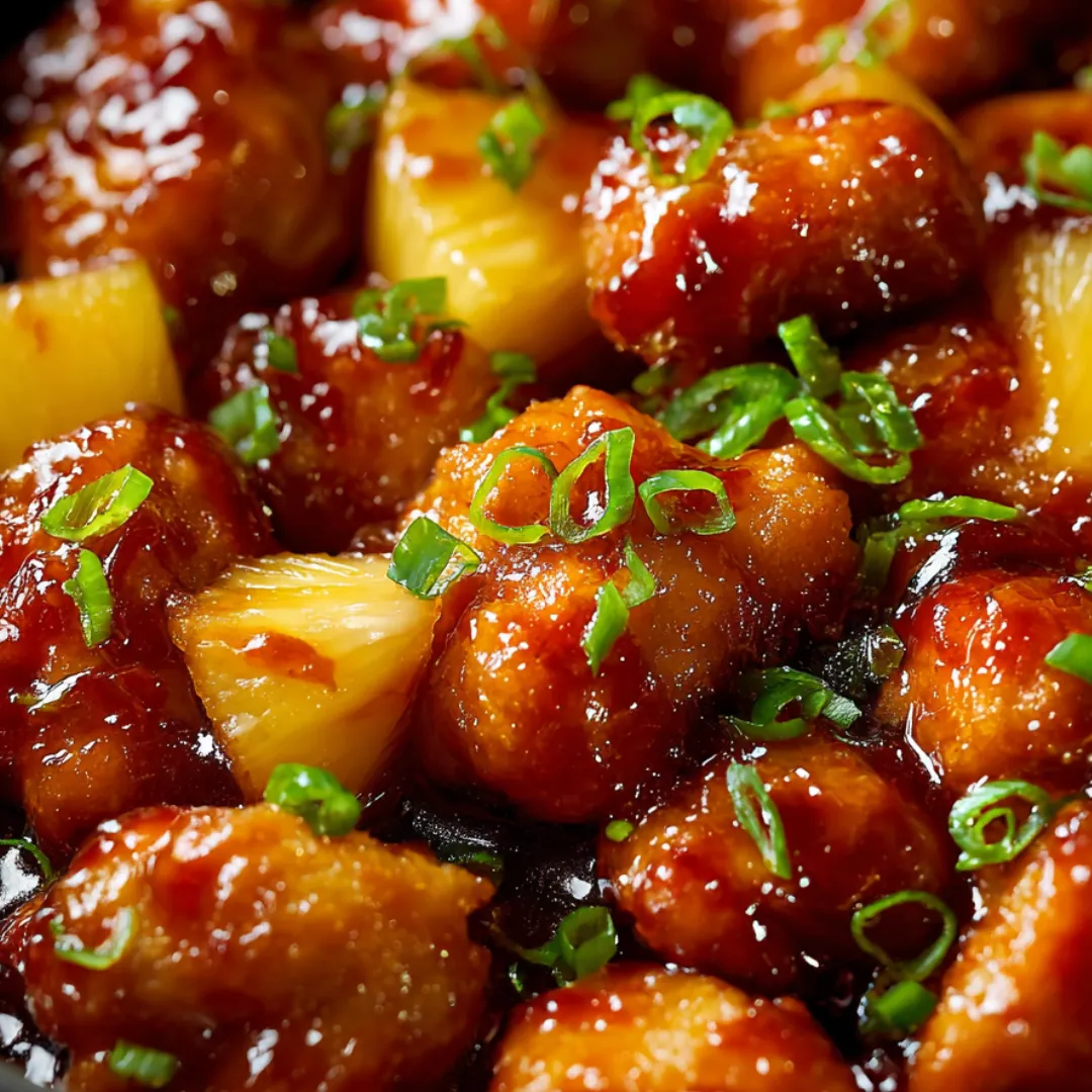A plate brimming with glazed chicken and a pop of green herb.