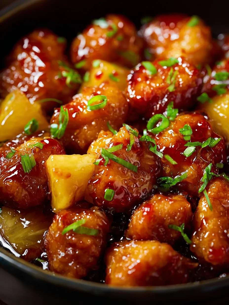 Chicken with pineapple chunks and sliced green onions in a bowl.