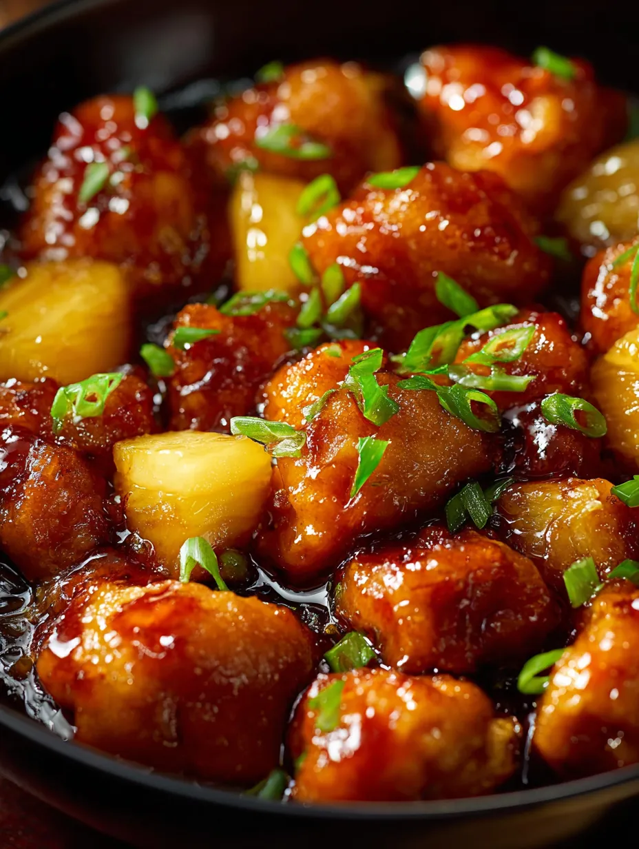 Chicken and pineapple served together on a plate.