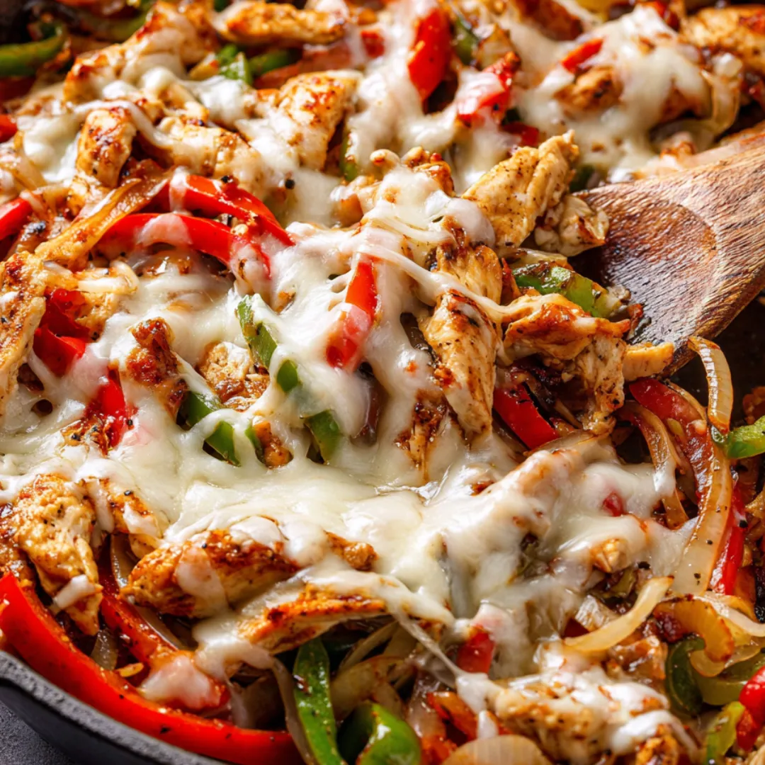 Chicken, cheese, and peppers sizzling in a skillet.