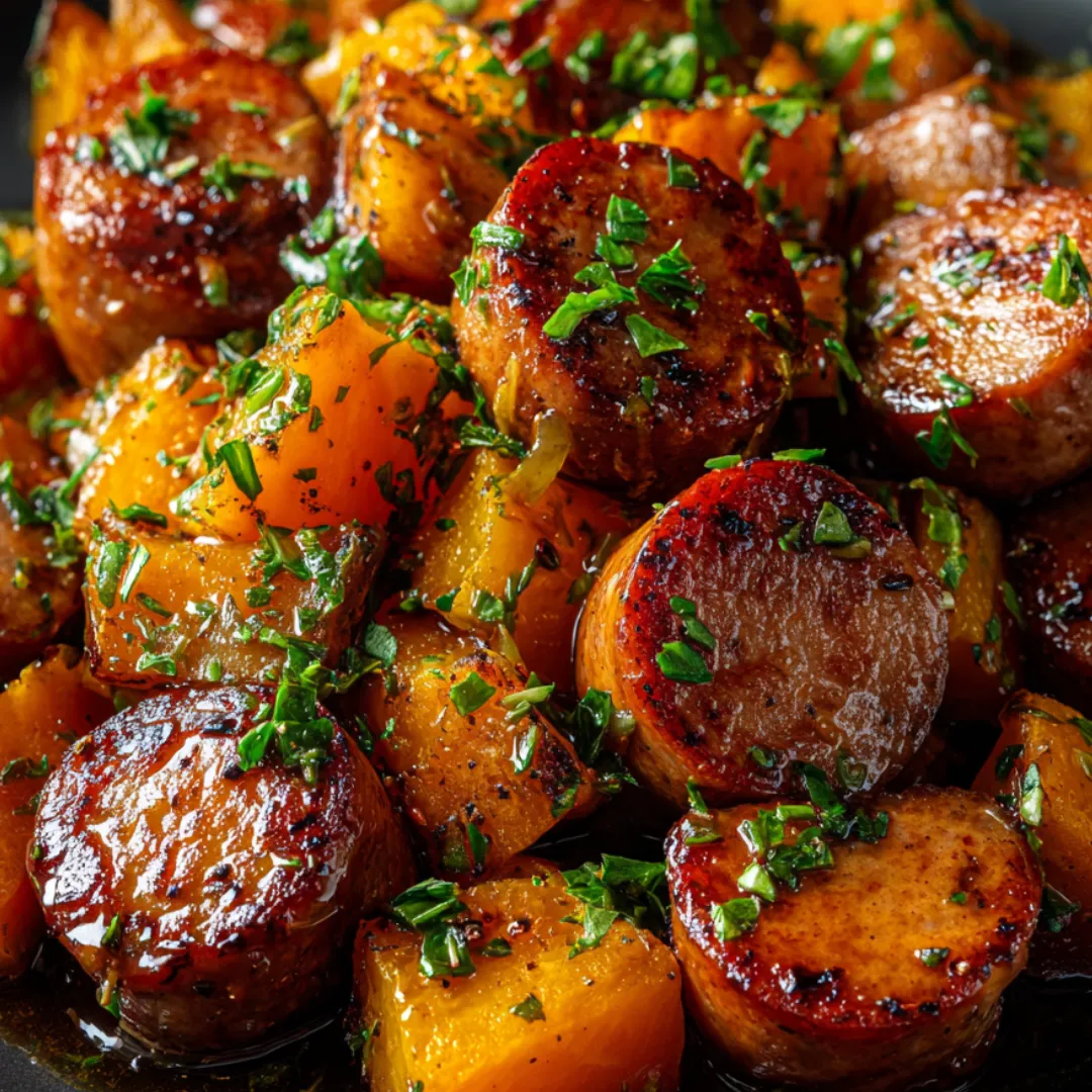 Slices of sausage and sweet potato piled on a dinner plate.