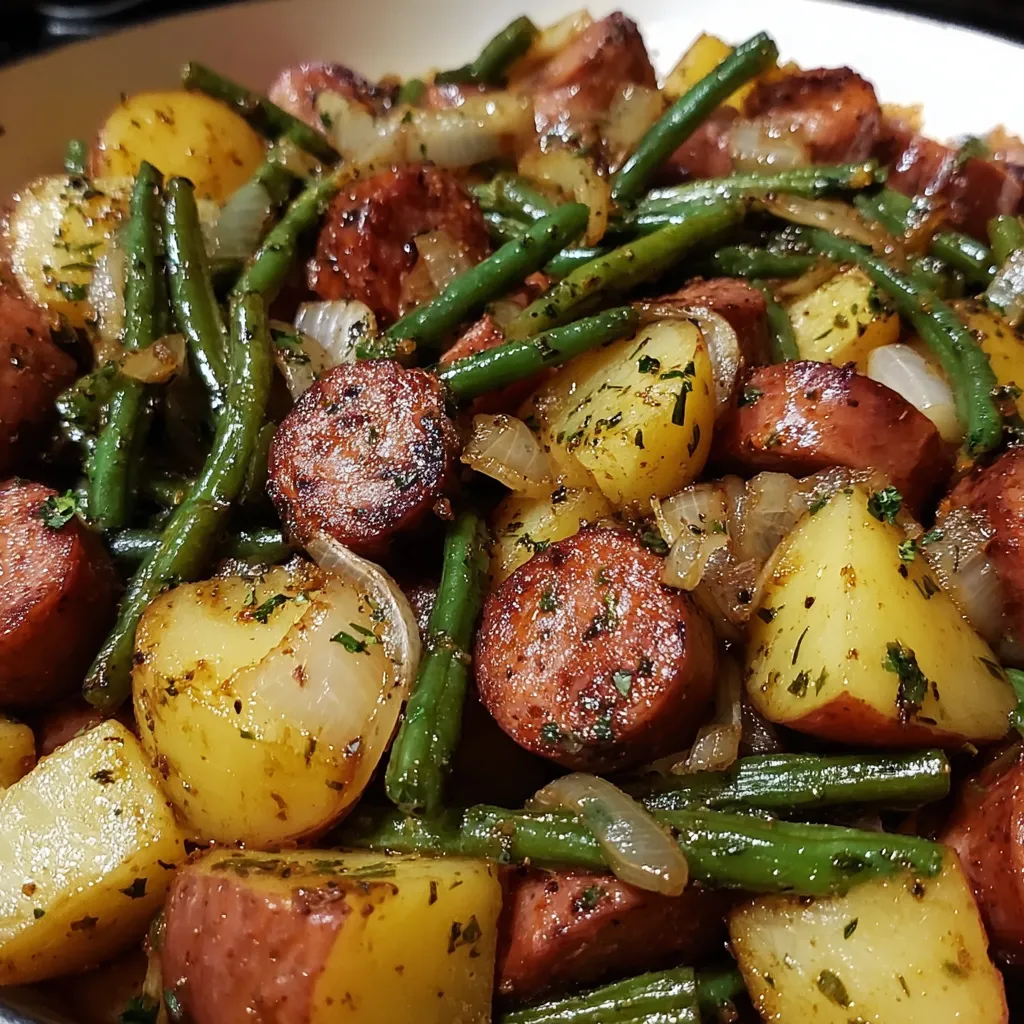 A bowl filled with sausage, green beans, and potatoes.