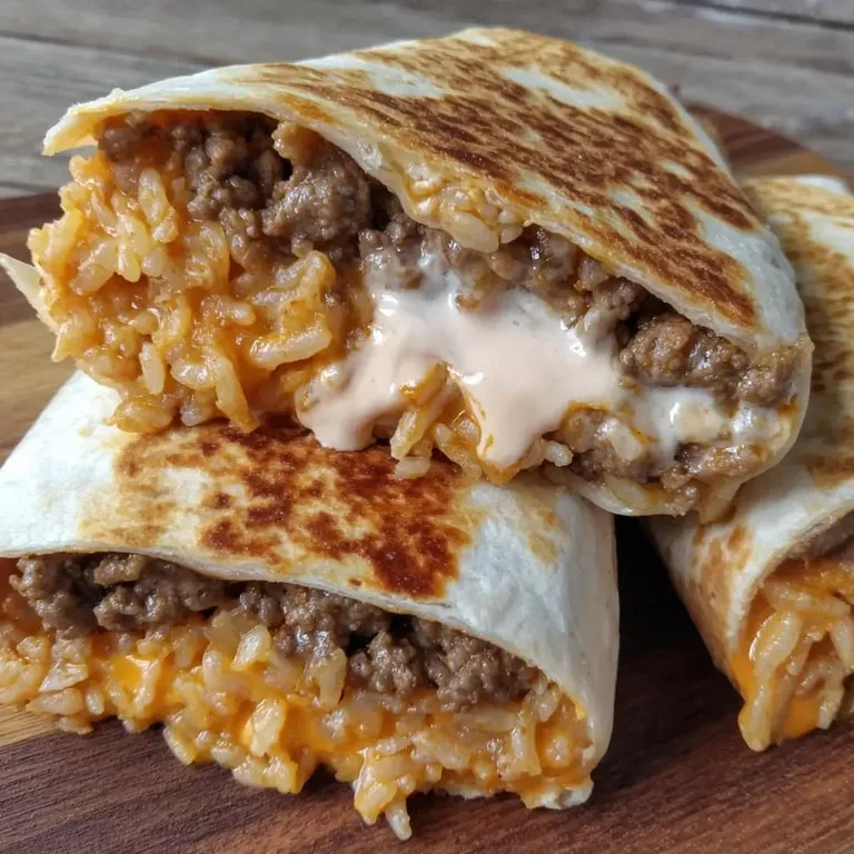A stuffed burrito loaded with rice and beef on a wooden surface.