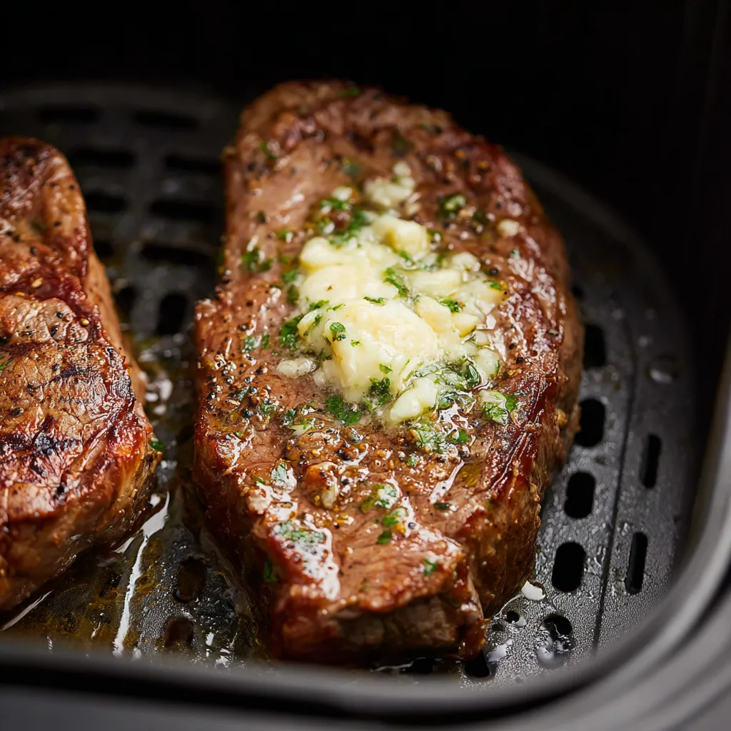 Two steaks grilling side by side.