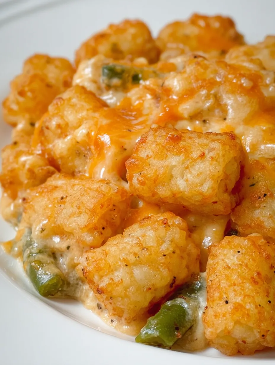 A plate loaded with tater tots, gooey cheese, and veggies.