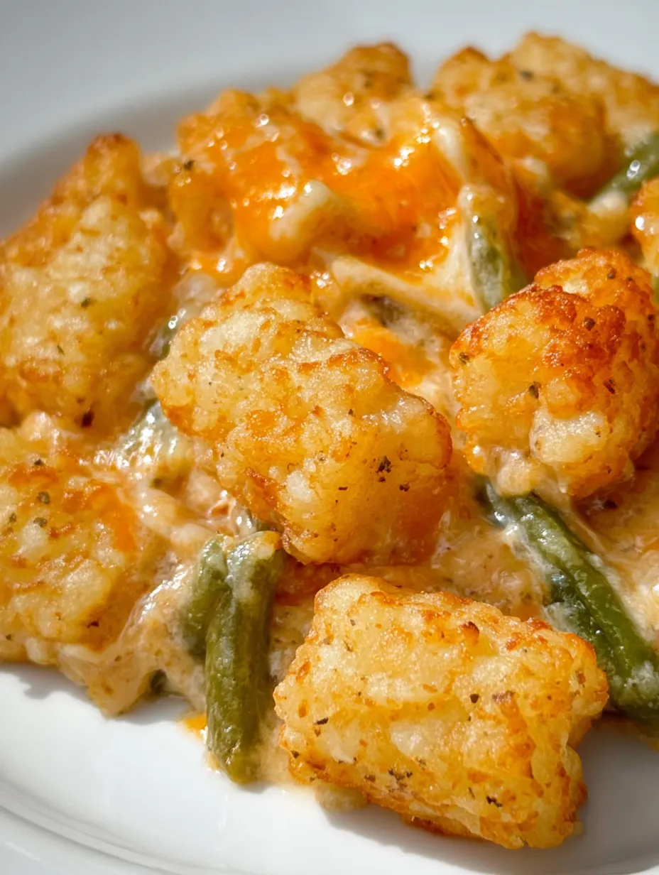 A plate with melty cheese, tater tots, and green beans shown up close.