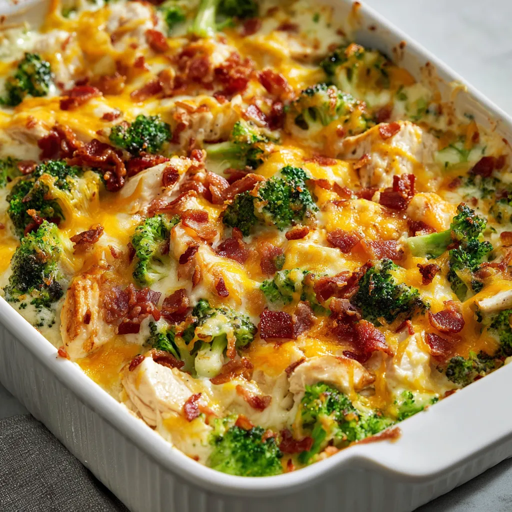 A dish packed with chicken and broccoli covered in cheese.