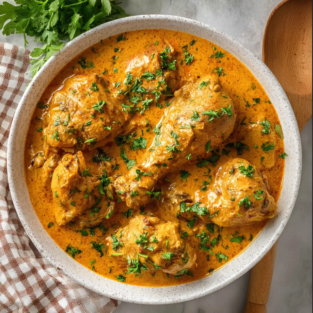 A bowl filled with chicken and a spoon ready for serving.
