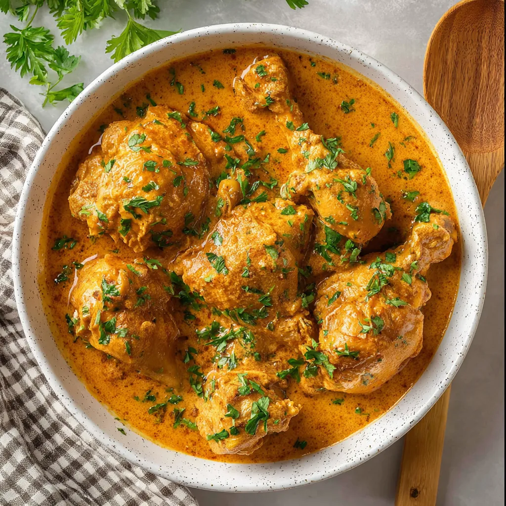 A bowl of saucy chicken loaded with herbs.