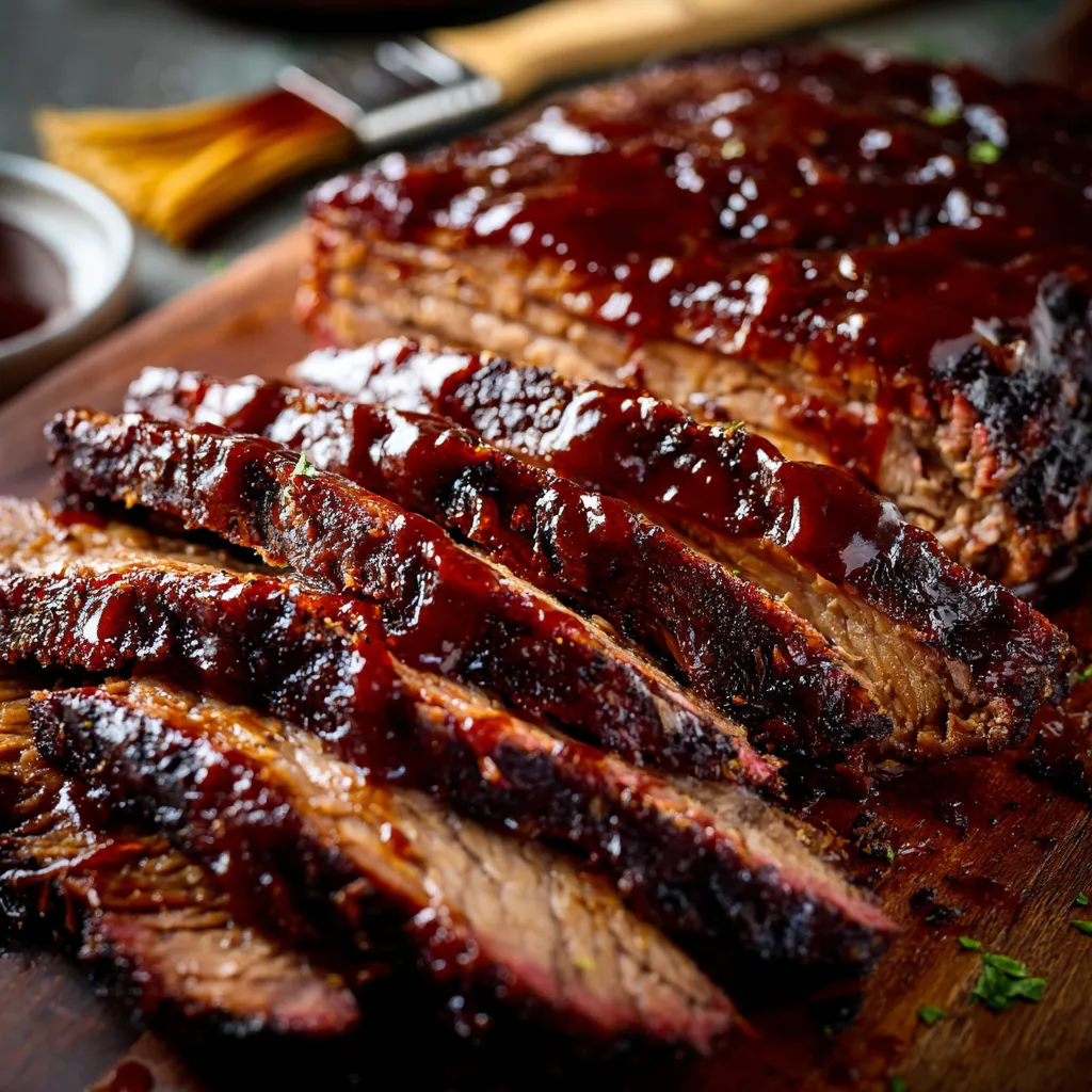 Close shot of juicy beef on a wooden board with a knife.