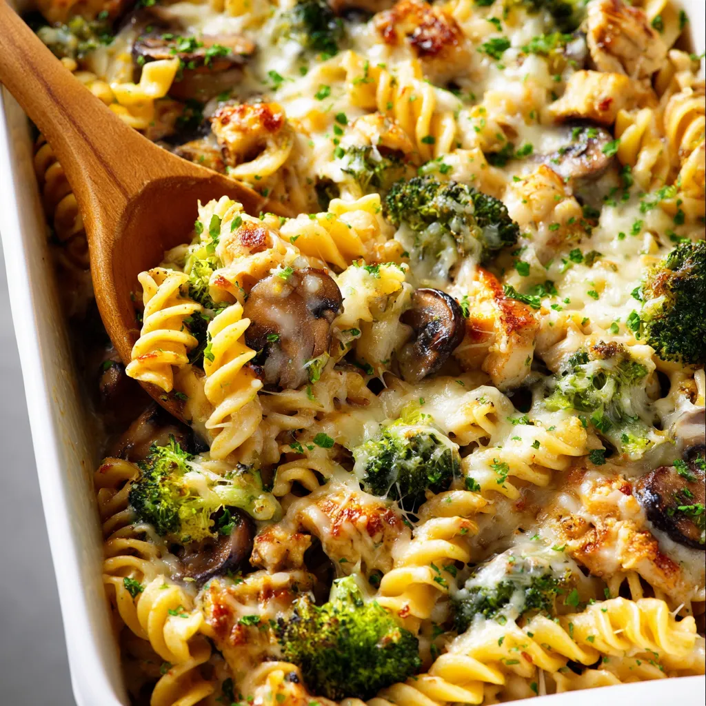 A bowl of pasta with mushrooms and broccoli.