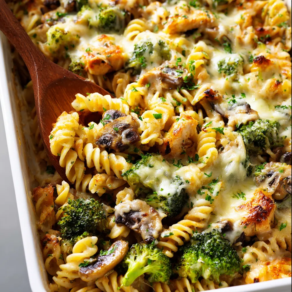 A bowl of pasta with broccoli and mushrooms.