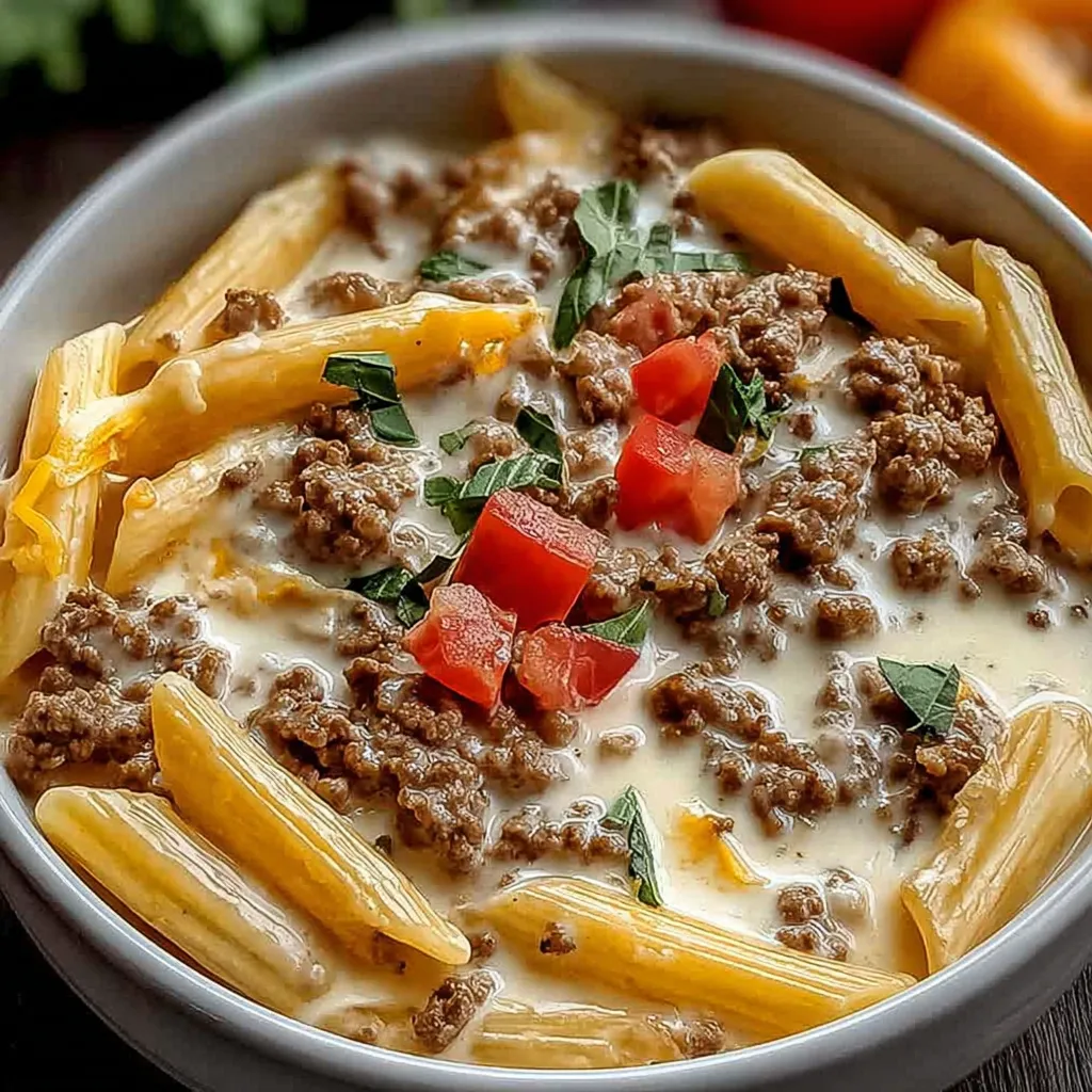 A cozy bowl with pasta, beef, and Rotel tomatoes.