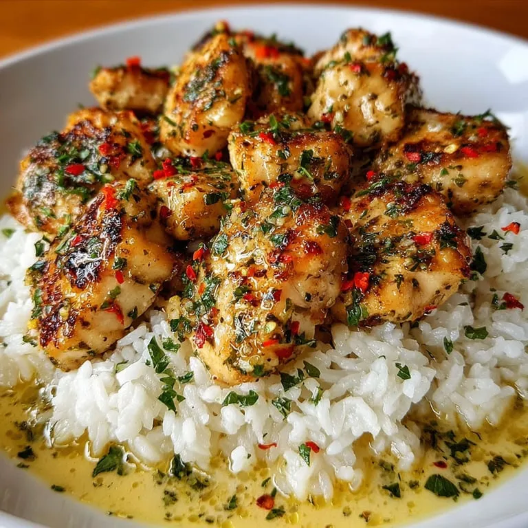 Chicken piled on garlicky rice on a plate.