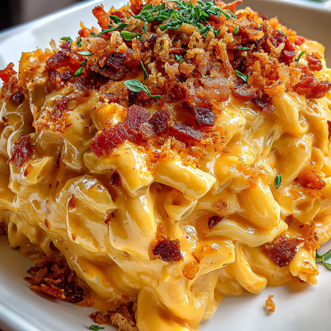A plate loaded with cheesy chicken spaghetti and crispy bacon pieces.