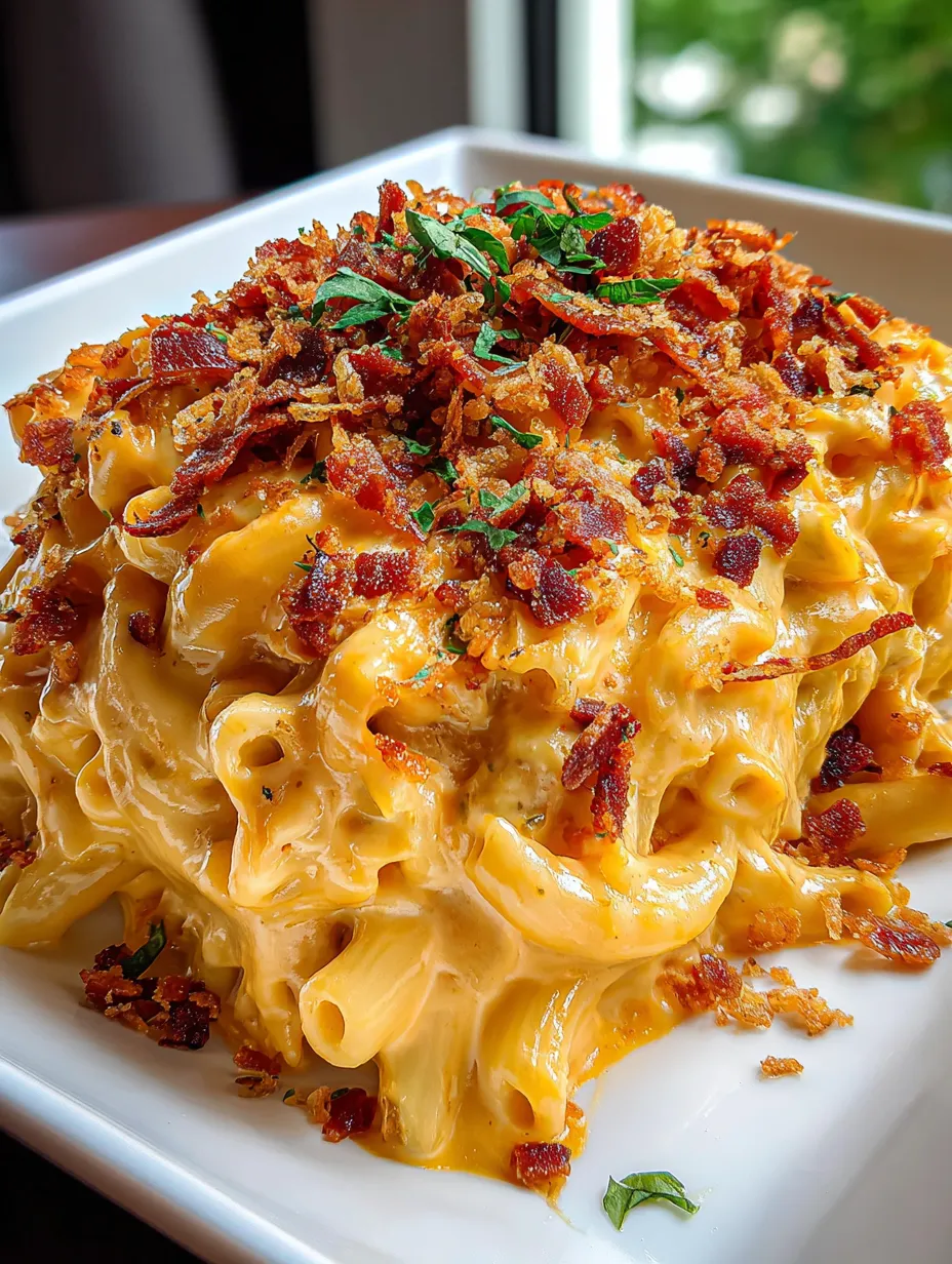 A serving of cheesy chicken casserole with bacon bits.