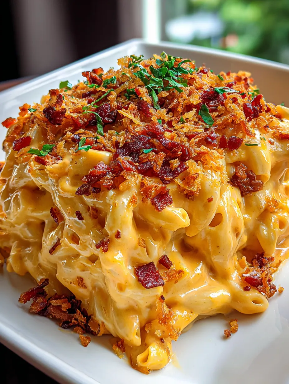 A plate loaded with cheesy casserole topped with bacon.