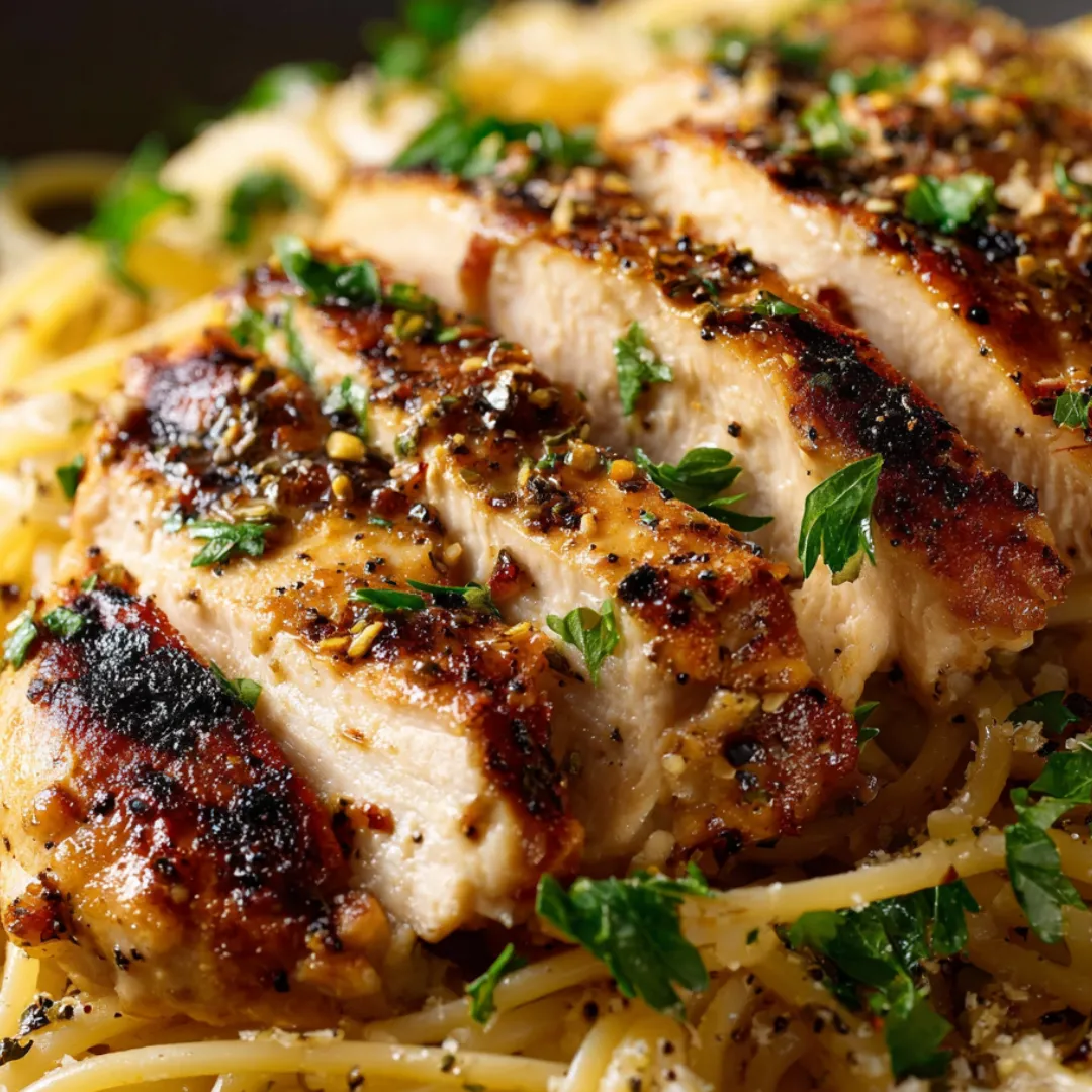 A plate piled with chicken and pasta.