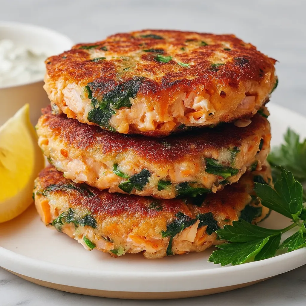 Three crisp patties stacked up, greens sprinkled over the top.