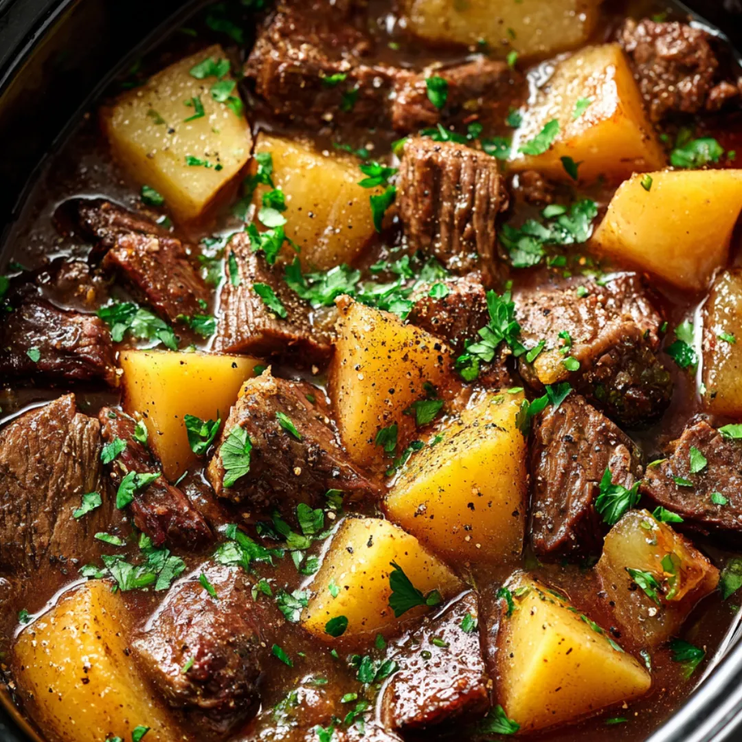 A bowl packed with potatoes, green onions, and tender beef chunks.