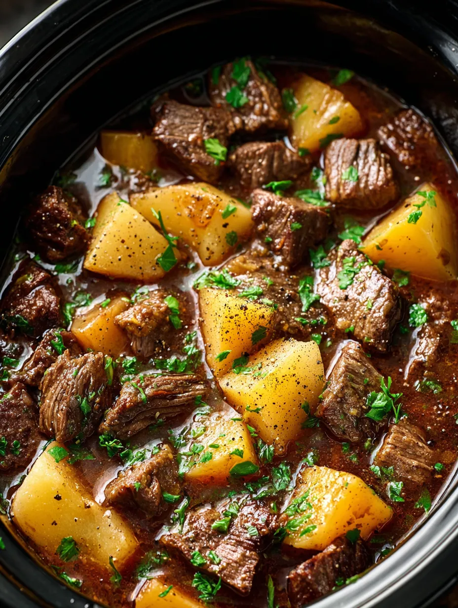 A bowl filled with potato and beef stew, topped with herbs.