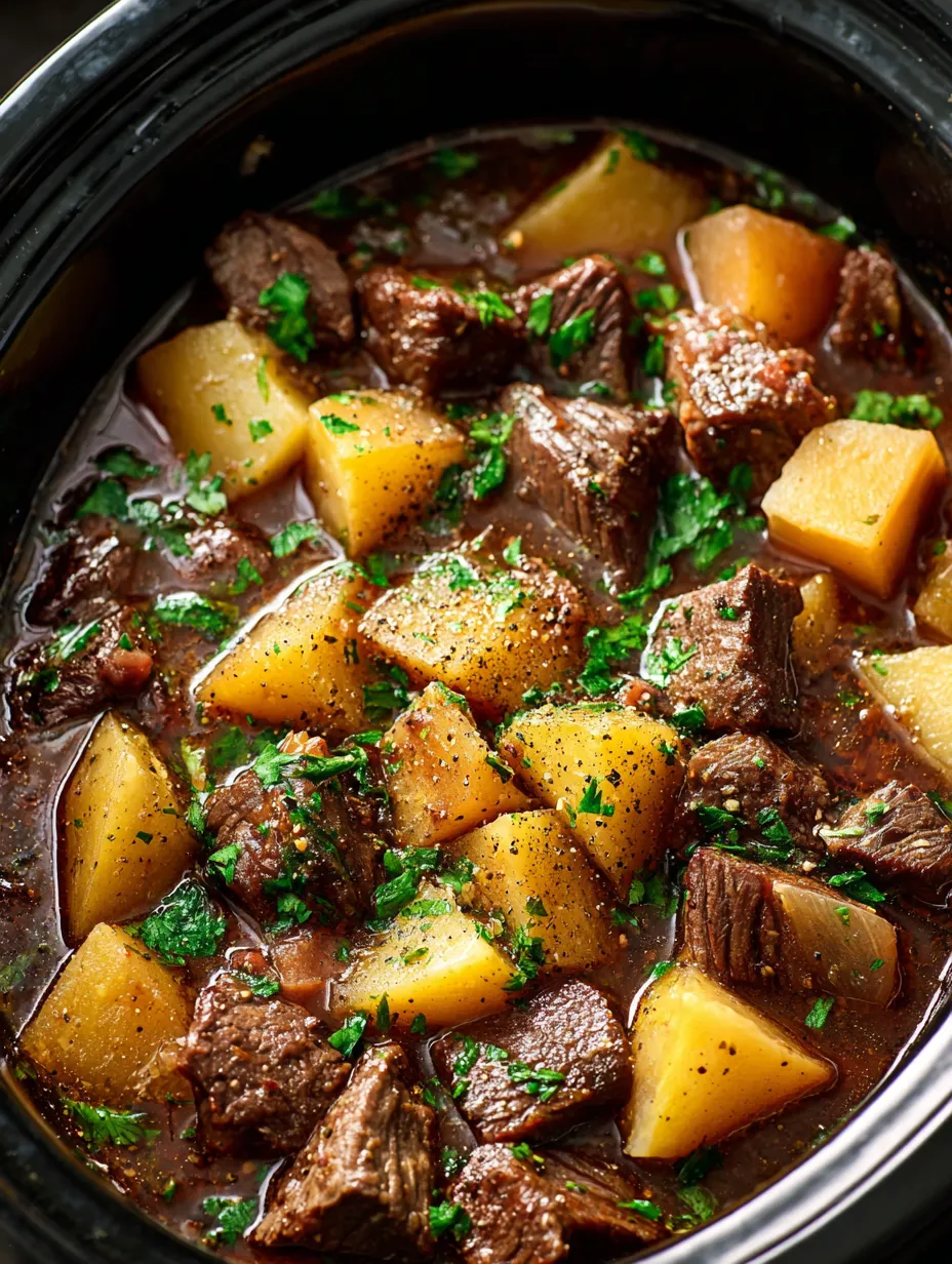 Bowl piled high with beef chunks and potatoes.