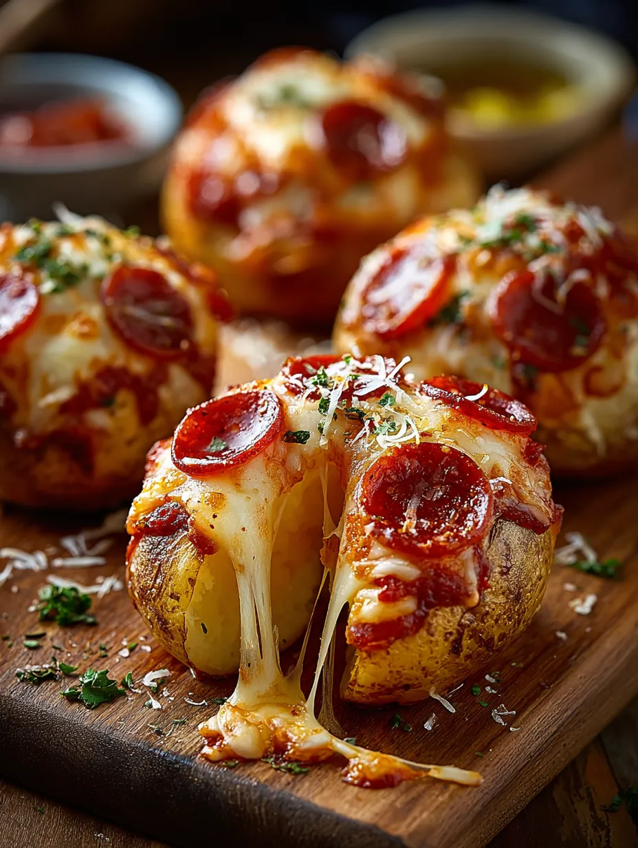 A plate loaded with pepperoni and cheese filled potato bites.