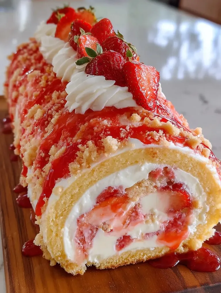 A cake piled with strawberries up top.