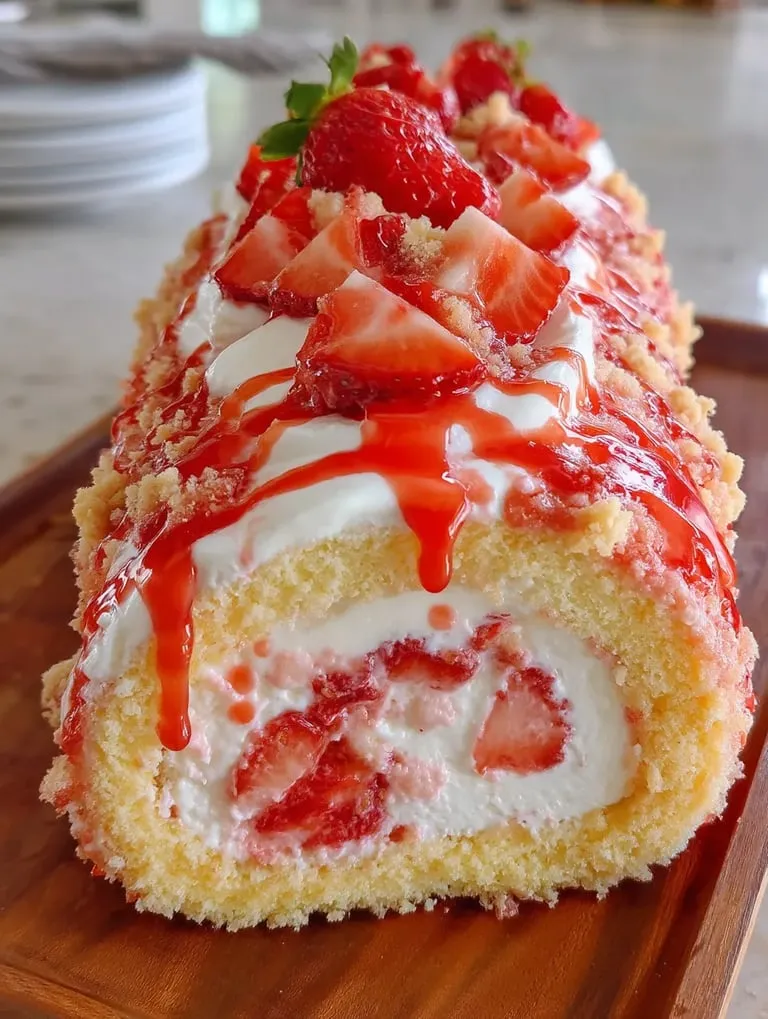 A cake stacked high with berries and dollops of whipped cream.