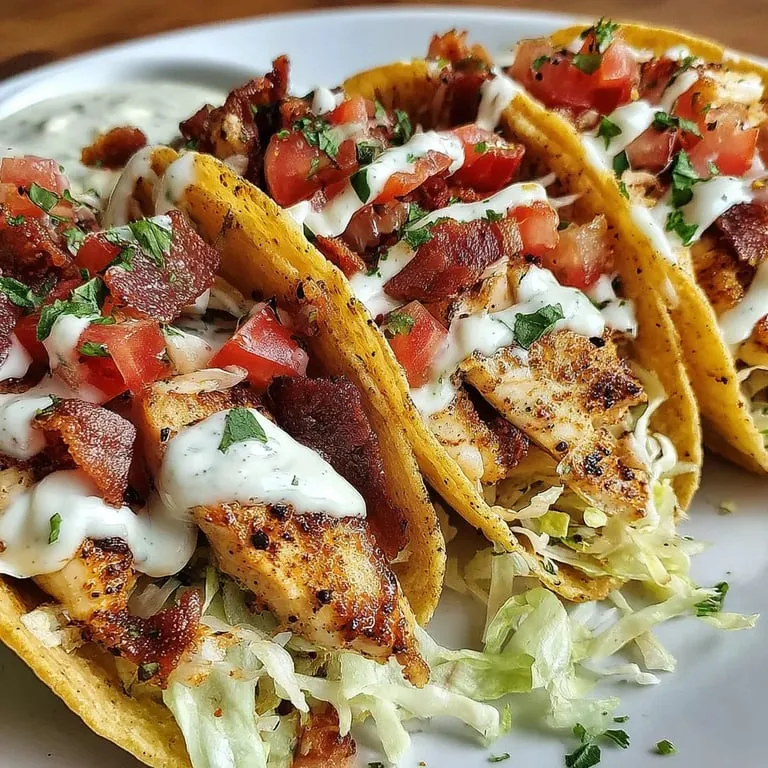 Chicken and bacon tacos served on a round plate.