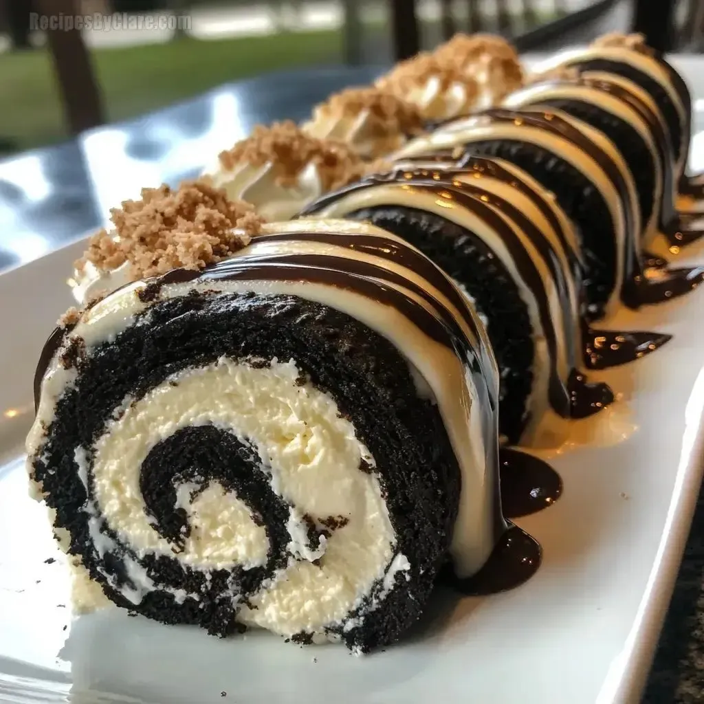 Slices of a chocolate cake roll packed with Oreo filling and topped with white chocolate, served on a plate.